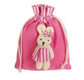 Подарочная сумочка "Зайка" в розовой юбочке в полоску 14см х 18см